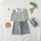 Striped Short-sleeve Cropped Polo Shirt As Shown In Figure - One Size