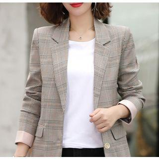 Plain Long-sleeve T-shirt / Plaid Single-breasted Blazer / Set