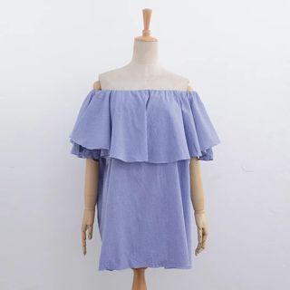 Short-sleeve Off Shoulder Pinstriped Dress
