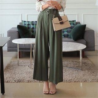 Band-waist Pleated Wide-leg Pants With Belt