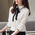 Embroidered Bow Accent Chiffon Shirt