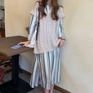 Long-sleeve Striped Midi Shirt Dress / Cable-knit Vest
