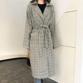Plaid Single-breasted Trench Coat With Sash