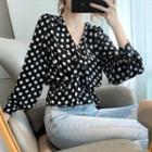 Dotted Ruffle Trim V-neck Blouse