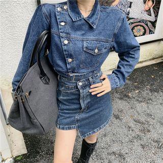 Denim Cropped Jacket / Irregular Mini Pencil Skirt