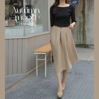 Belted Pleated Midi Flare Skirt