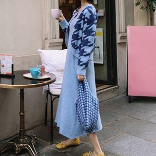 Set: Houndstooth Cardigan + Sleeveless Midi Knit Dress