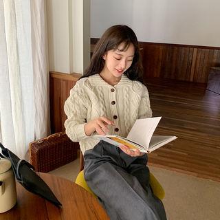 Collared Wool Cable Knit Cardigan Cream - One Size
