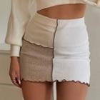 High-waist Color-block Paneled Ruffled-trim Mini Skirt