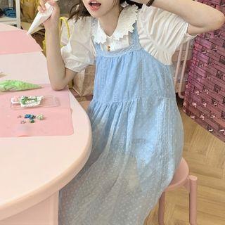 Peter Pan Collar Plain Blouse / Sleeveless Lace Dress