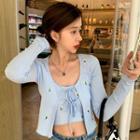 Set: Tie-front Floral Embroidered Cardigan + Spaghetti Strap Top Cardigan - Light Blue - One Size / Top - Light Blue - One Size