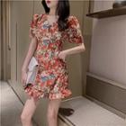 Short-sleeve Floral Frill Trim A-line Mini Dress As Shown In Figure - One Size