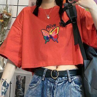 Butterfly Print Short-sleeve Cropped Tee