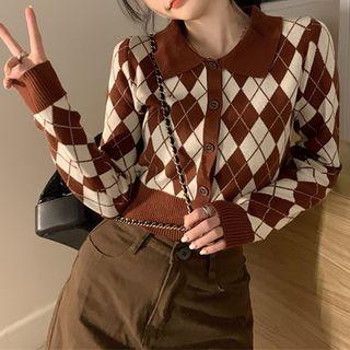 Lapel Argyle Long-sleeve Cardigan