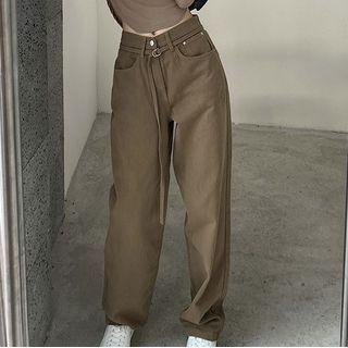 High-waist Plain Loose Fit Straight Leg Pants