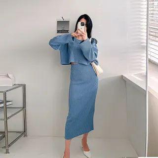 Cropped Ribbed Top + Band-waist Long Skirt Set