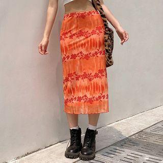Floral Print Ruffle-trim Midi Pencil Skirt