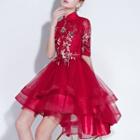 Stand Collar Flower Lace Mesh Panel Prom Dress