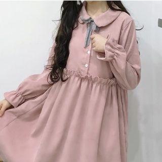 Long-sleeve Midi A-line Dress / Furry Vest