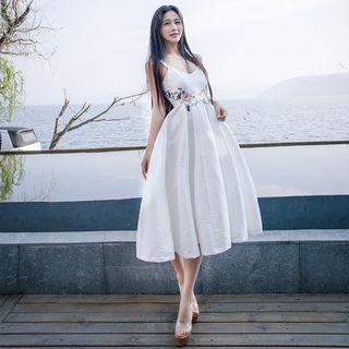 Flower Embroidered Sleeveless Midi A-line Dress
