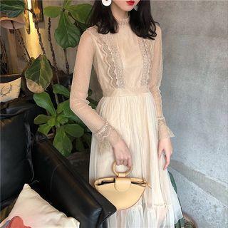 Lace Trim Long-sleeve A-line Mesh Dress