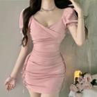 Off-shoulder Lace Up Mini Sheath Dress Pink - One Size