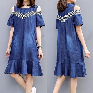 Striped Panel Cut Out Shoulder Short Sleeve Denim Dress