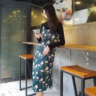 Turtleneck Long-sleeve T-shirt / Floral Print Midi Strappy Dress