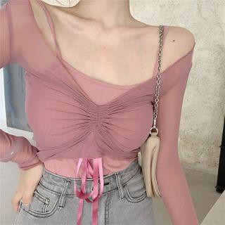 Set: Plain Camisole Top + Drawstring Mesh Long-sleeve Top