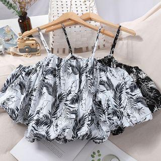 Leaf Print Cold-shoulder Puff-sleeve Cropped Blouse