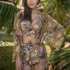 Set: Floral Print Bikini Top + Swim Shorts + Long-sleeve Cover-up