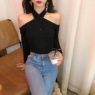 Off Shoulder Knit Pullover Black - One Size