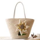 Flower Applique Woven Tote Bag