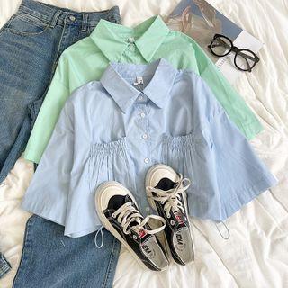 Short-sleeve Plain Drawstring Cropped Shirt