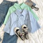 Short-sleeve Plain Drawstring Cropped Shirt