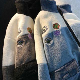 Embroidered Color Block Faux Shearling Jacket