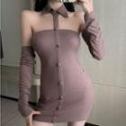 Set: Polo-neck Strapless Bodycon Dress + Arm Sleeves