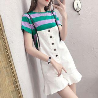 Set: Striped Short Sleeve T-shirt + Buttoned Suspender Playsuit