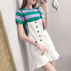 Set: Striped Short Sleeve T-shirt + Buttoned Suspender Playsuit