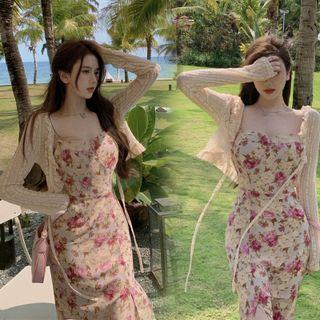 Spaghetti Strap Floral Print Midi Mermaid Dress / Ruffled Jacket
