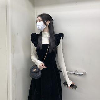 Long-sleeve Mock-neck Top / Velvet Midi A-line Overall Dress / Set