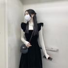 Long-sleeve Mock-neck Top / Velvet Midi A-line Overall Dress / Set