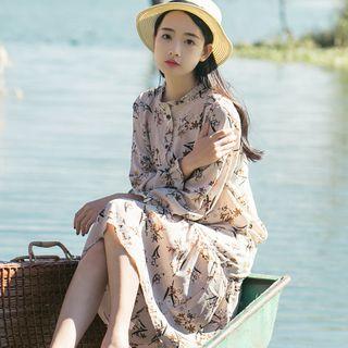 Frill Trim Floral Print Long Sleeve Dress