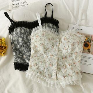 Mesh Ruffle-trim Printed Camisole Top