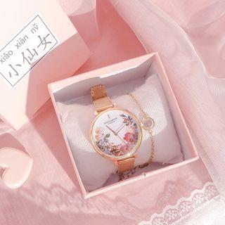 Floral Print Alloy Bracelet Watch