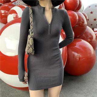 Mock-neck Plain Zip Knit Skinny Mini Dress
