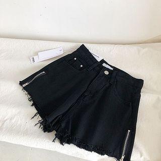 Plain High-waist Zip Panel Frayed Denim Shorts