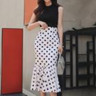 Set: Plain Sleeveless Knit Top + Dotted Ruffle Hem Midi Pencil Skirt