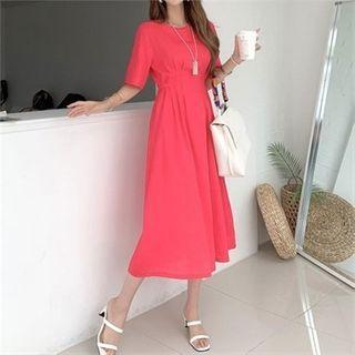 Tie-waist Linen Blend Long Dress Red - One Size
