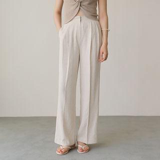 Band-waist Pintuck-trim Linen Blend Pants